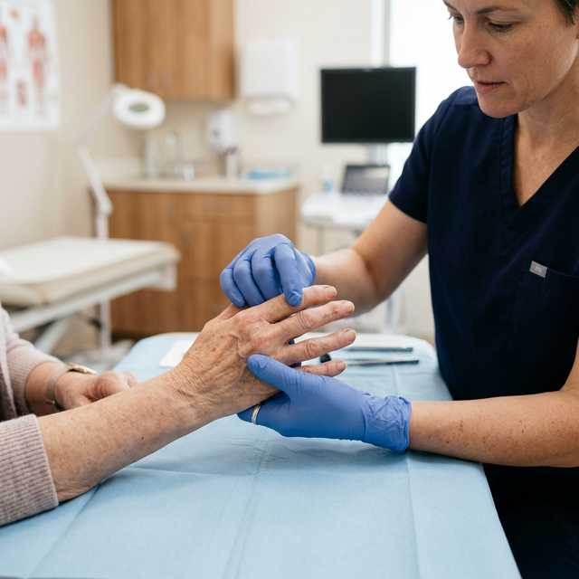 Arzt untersucht die Hände eines Patienten